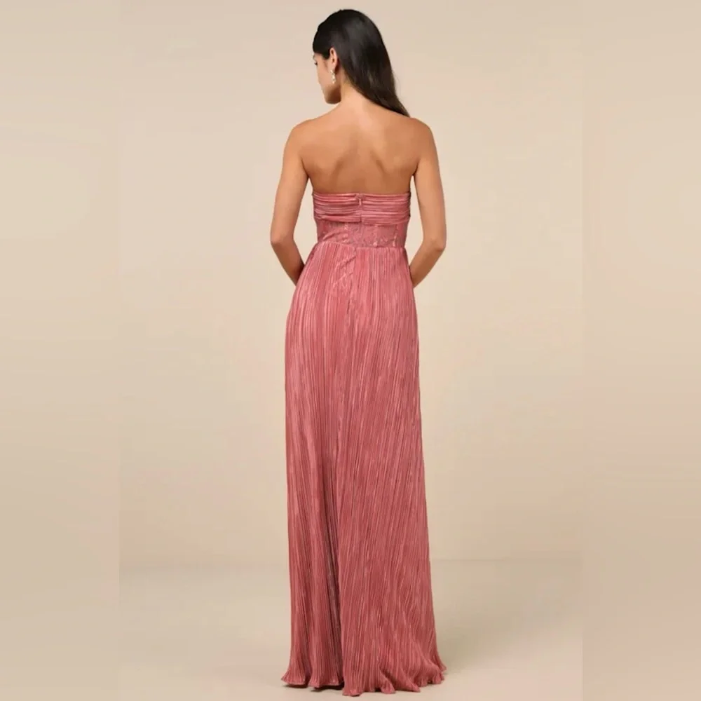 Lulus Desme Rose Pink Satin Plisse Strapless Maxi Dress M NWT - Picture 3 of 6